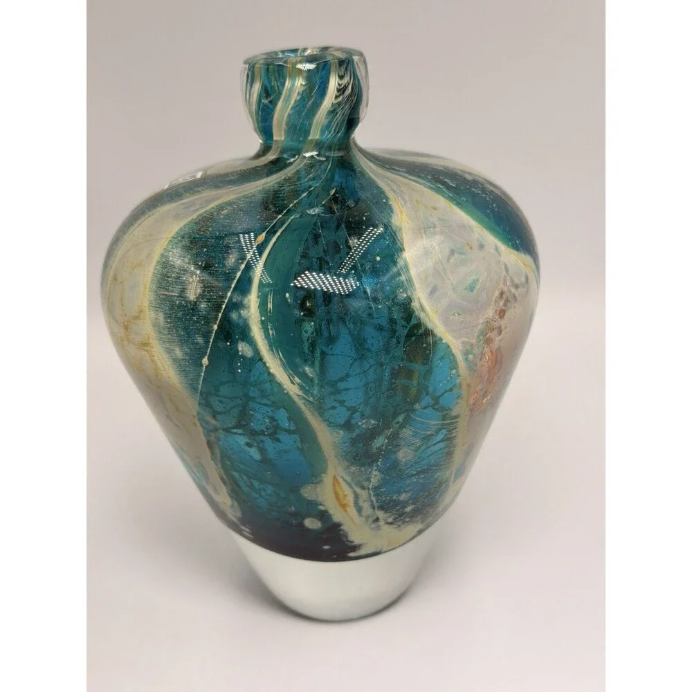 Mdina Glass Malta Signed Blue Crizzle Hand Blown Art Glass Bottle Vase 6”